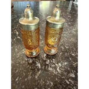 Vtg Indiana Glass Tiara Amber Sandwich Salt & Pepper Shakers Metal Lids
